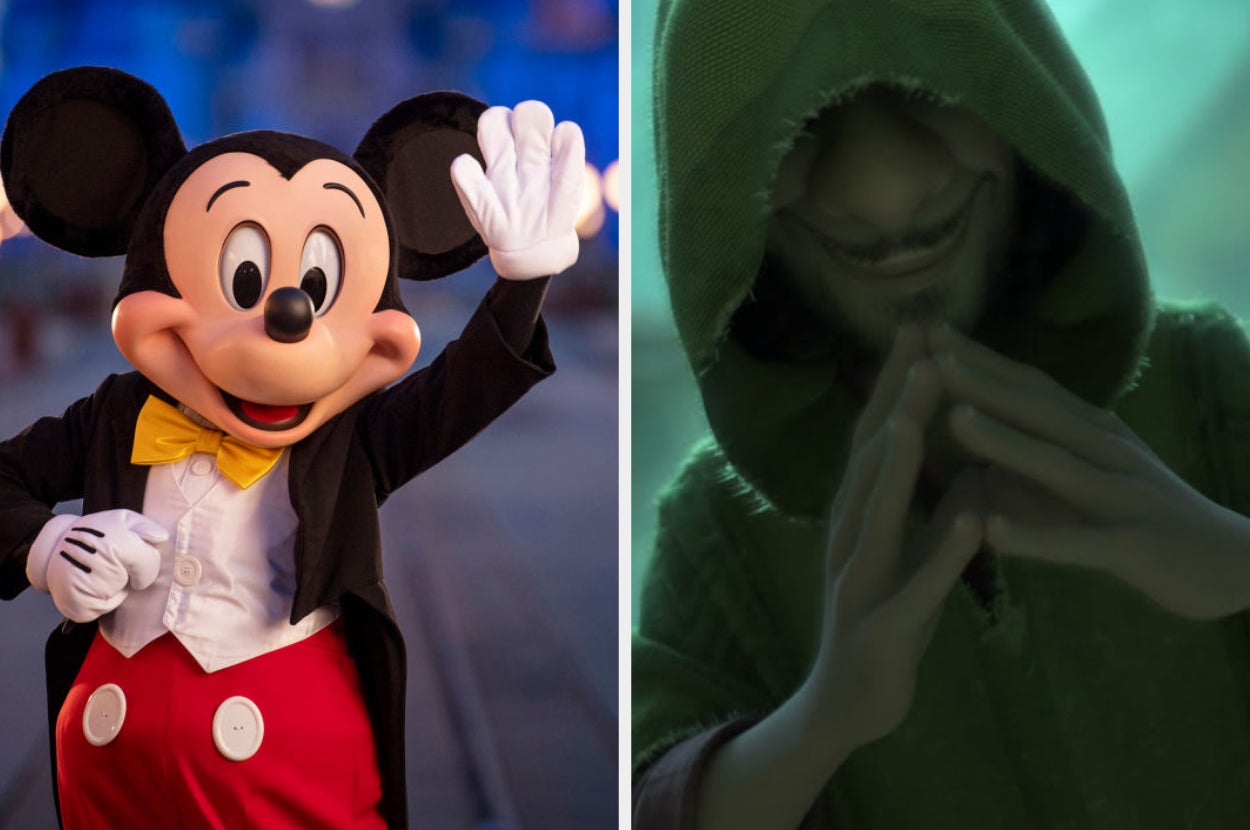 Mickey Mouse waving in costume beside a shadowy, hooded figure with a sly grin and hands clasped