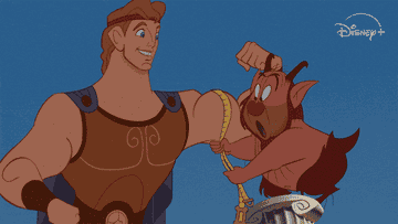 Animated scene from Disney's Hercules: Hercules holds up Phil with a tape measure for training