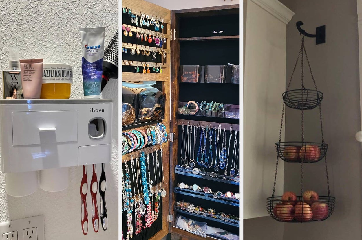Bathroom organizer with products, jewelry storage with earrings and bracelets, and hanging fruit basket with apples