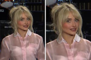 A person with long, styled hair wears a semi-sheer blouse with a collar, posing for photos in a studio-like setting