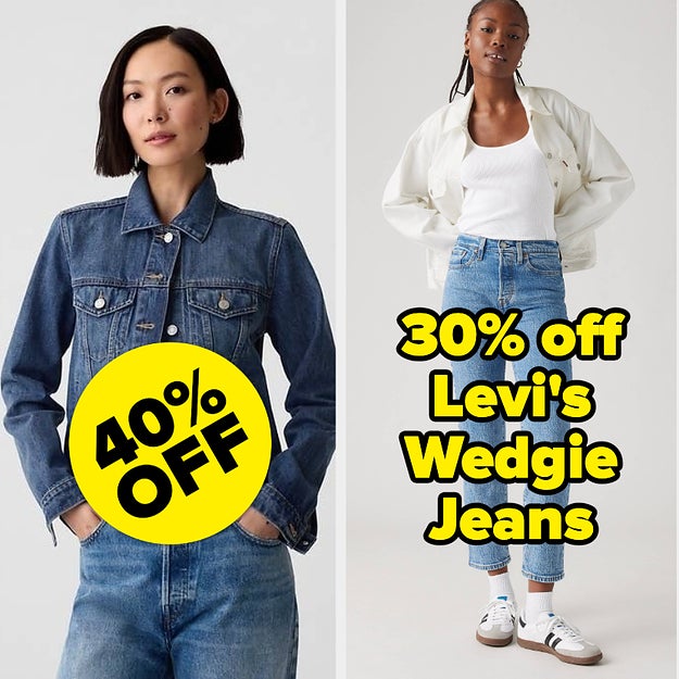 Three fashion images: Left shows a woman in a denim jacket (40% off). Center features a model with Levi's jeans (30% off). Right shows leopard skirt (50% off)