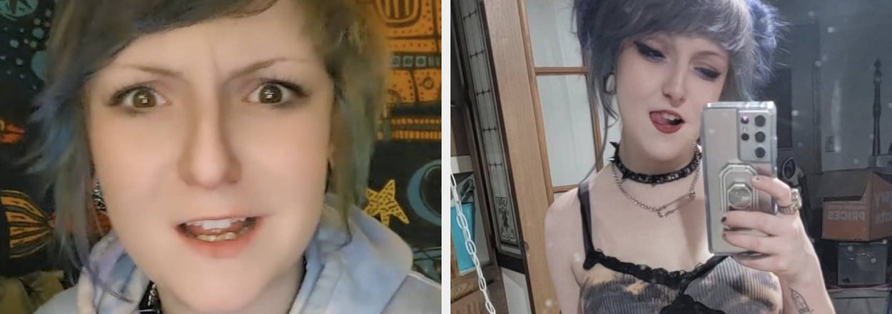 Person with short hair and tattoos in two selfies. In the right image, they wear a tie-dye top and black lace detailing, posing in a mirror