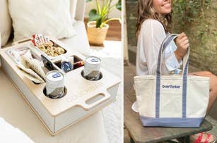 A wooden couch tray holds snacks and drinks; next to it, a model holds a tote bag labeled "overthinker."