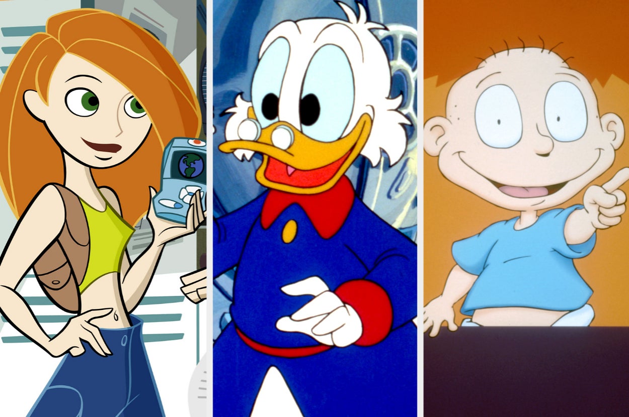 Animated characters including a teenage girl with a gadget, a duck with glasses, and a toddler pointing at something