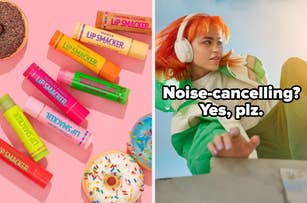 Lip Smacker lip balms in various flavors on the left; person with orange hair wearing headphones and a stylish jacket on the right