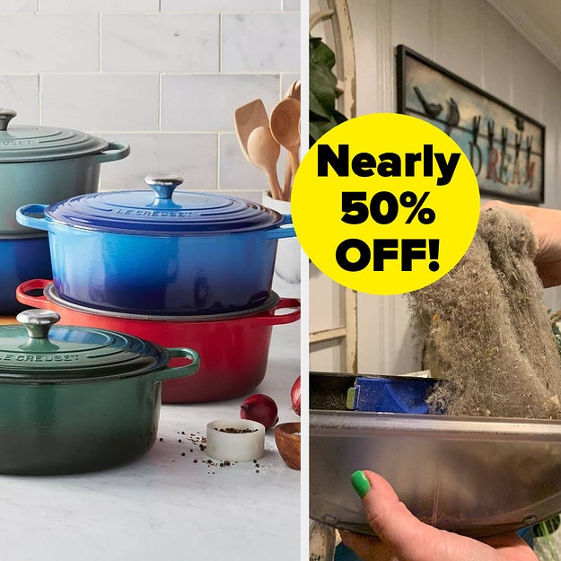 Left: Stack of Le Creuset cookware in kitchen. Right: Person holding lint-filled vacuum container. Yellow sticker reads "Nearly 50% OFF!"