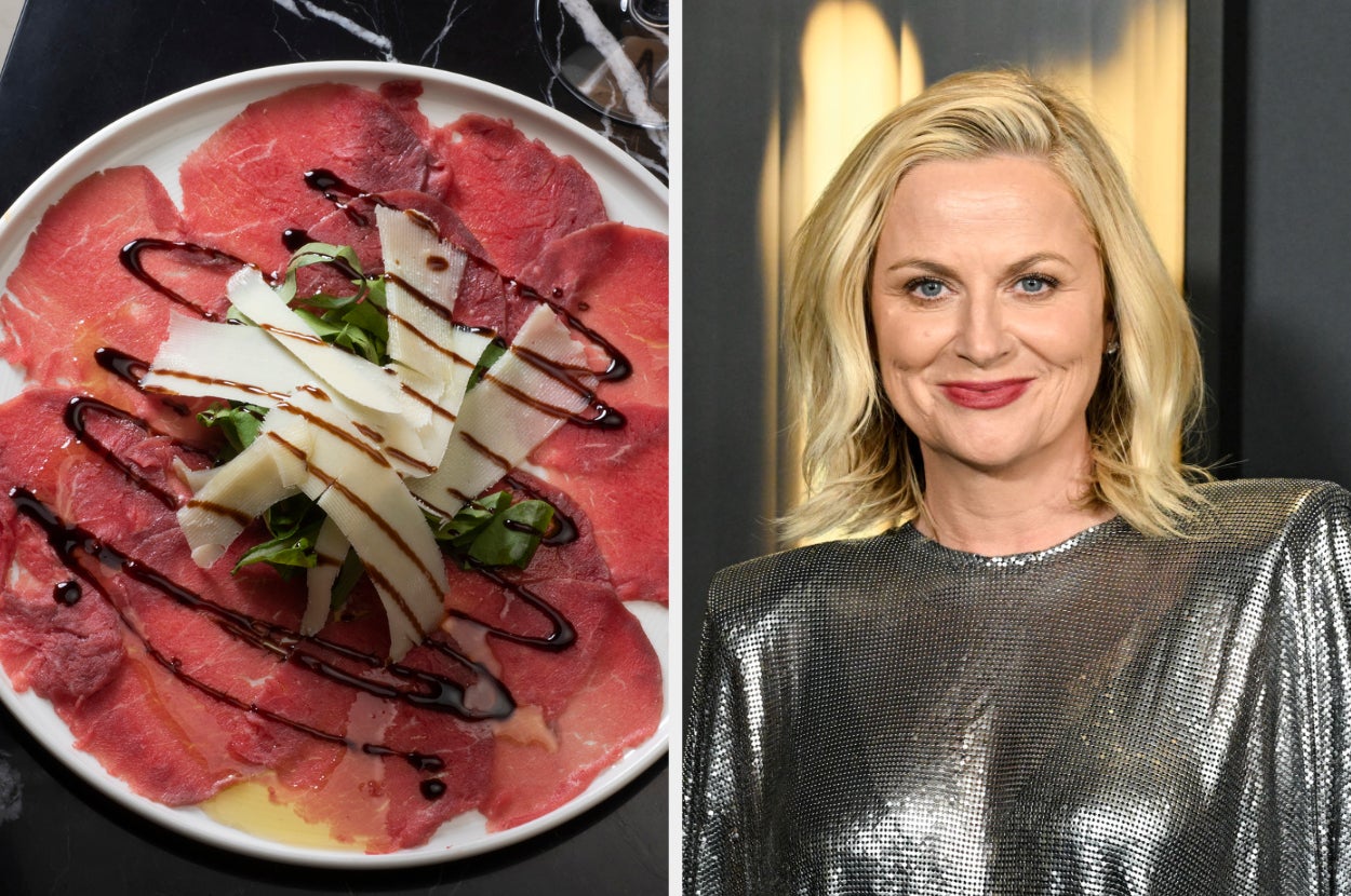 A plate of carpaccio with cheese and greens on the left; a person in a shiny silver outfit smiling on the right