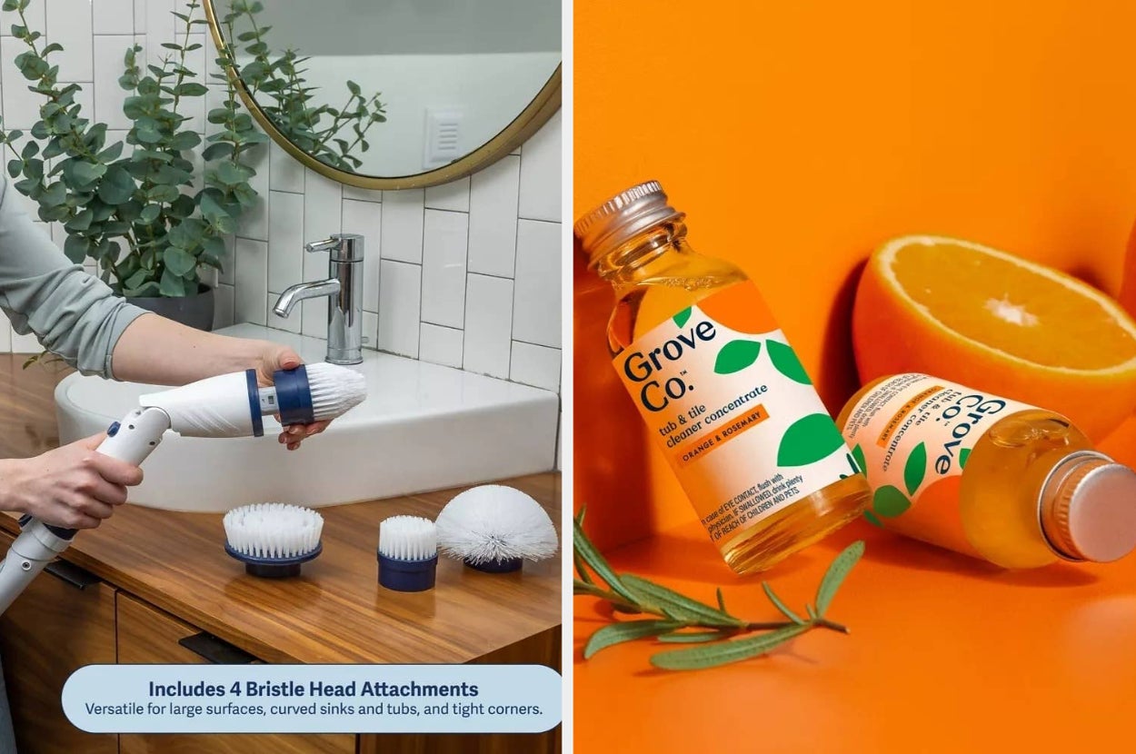 Two images: Left, a person using a cleaning brush with four attachments near a sink. Right, two Grove Co. bottles with an orange and rosemary on a surface