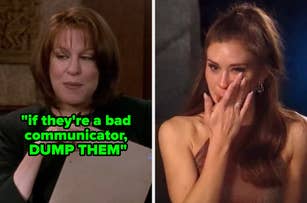 Two women in a split image: one holding a clipboard, the other wiping tears during an emotional moment