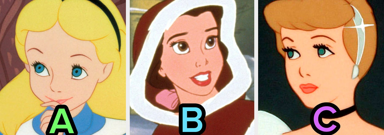 Quiz image with three animated characters labeled A, B, and C, dressed in distinct styles, likely from classic animated movies