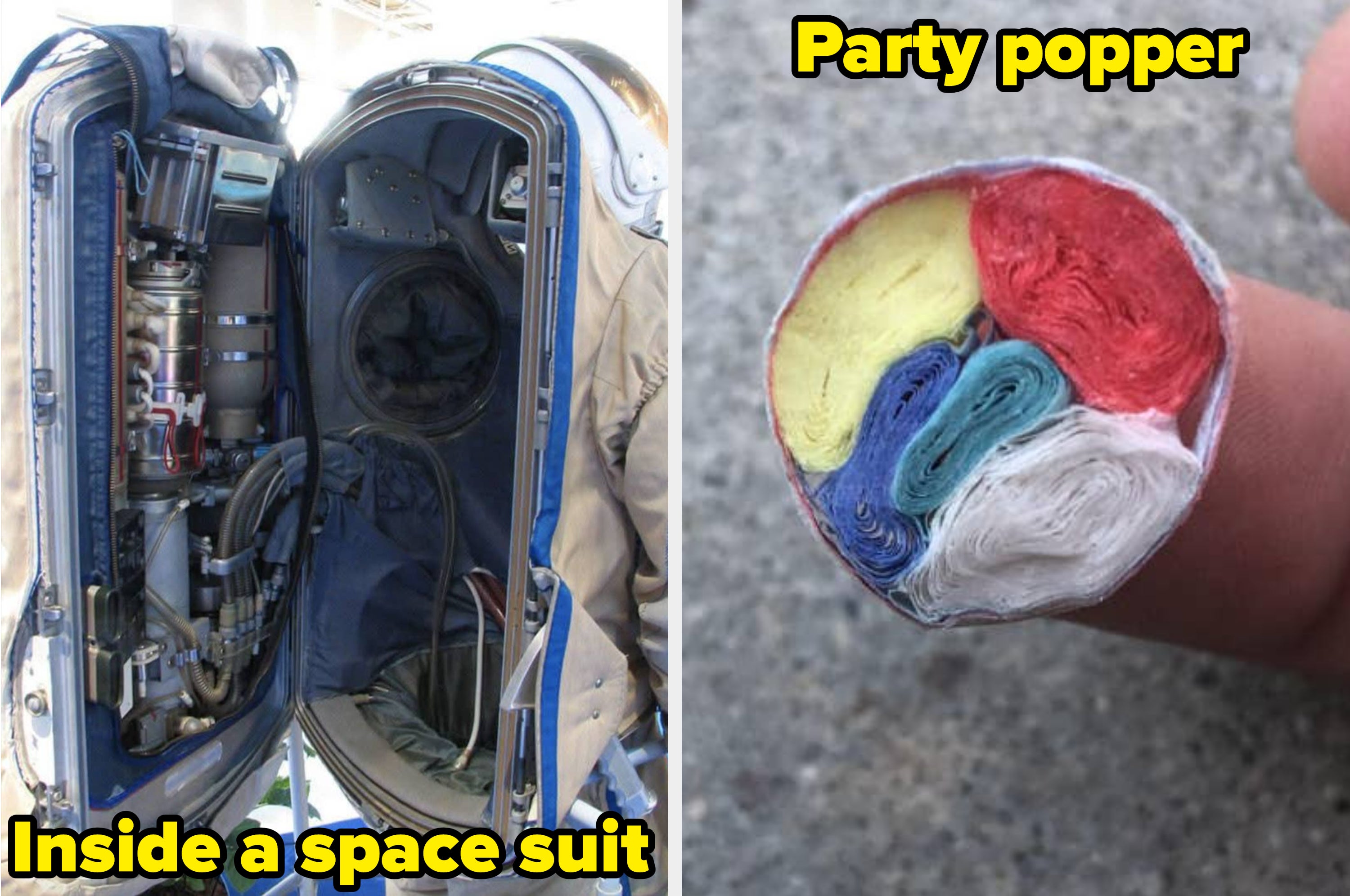 Left: Opened space suit with visible components. Right: Cross-section of a compact, rolled garment showing layers of colored fabric
