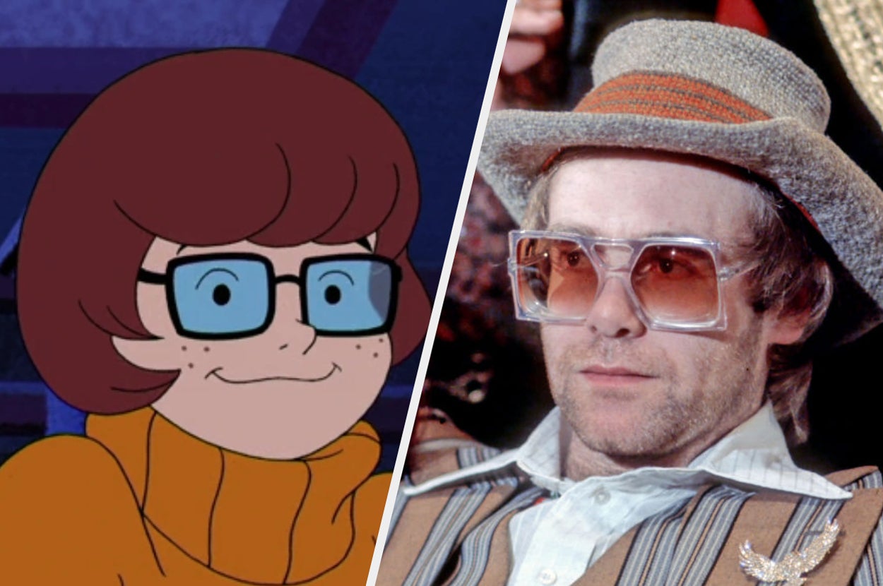 Velma with glasses next to Elton John in retro attire with large glasses and a hat