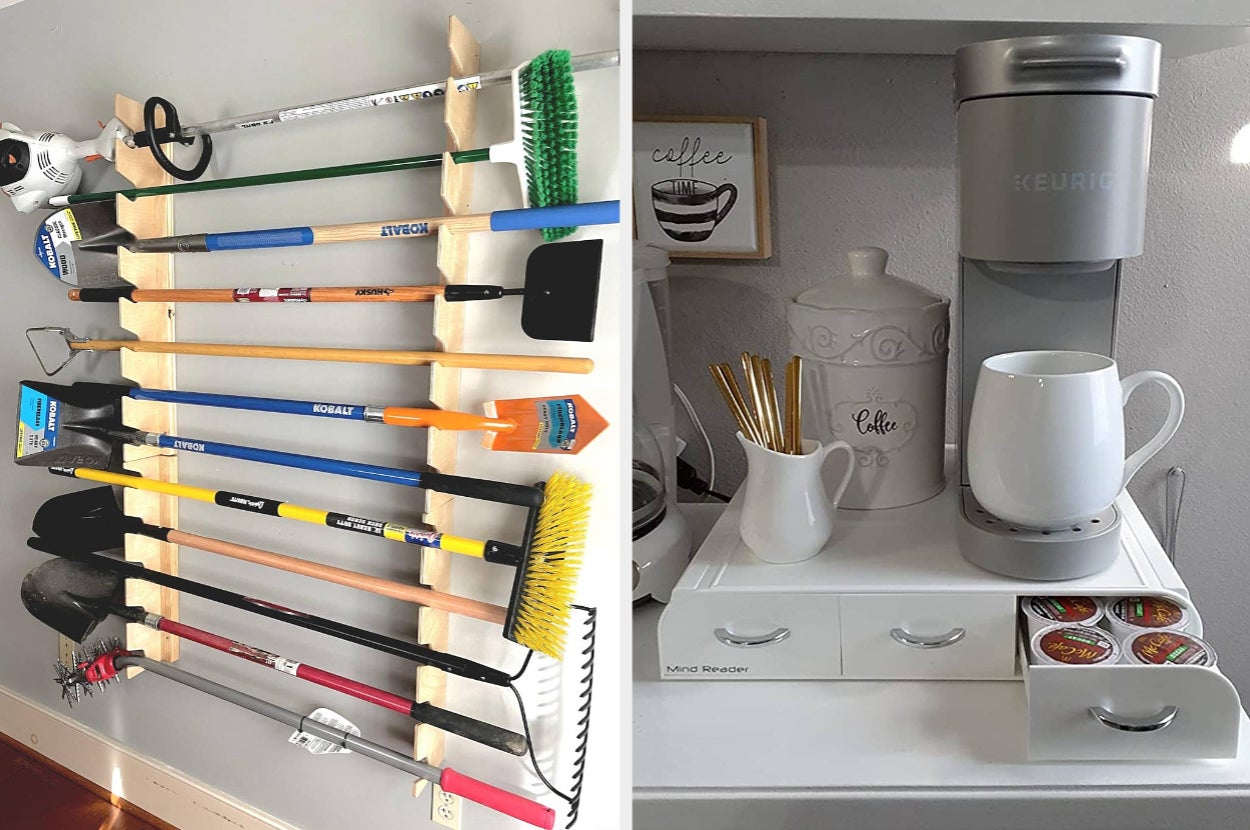 Left: Organized tools hanging on a wall rack. Right: Coffee station with a Keurig, mugs, and neatly arranged coffee pods