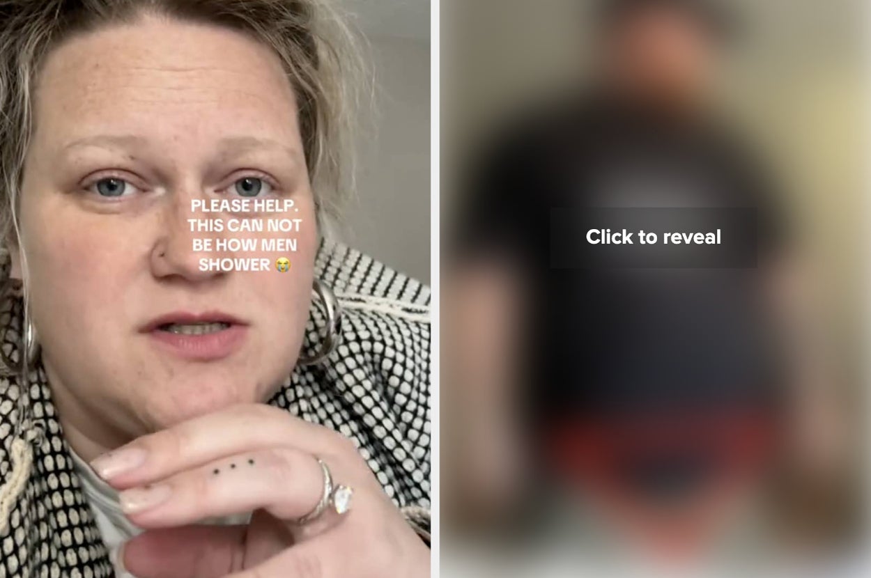 Person questioning men's shower habits with text "PLEASE HELP: THIS CAN NOT BE HOW MEN SHOWER" and a blurred image labeled "Click to reveal"