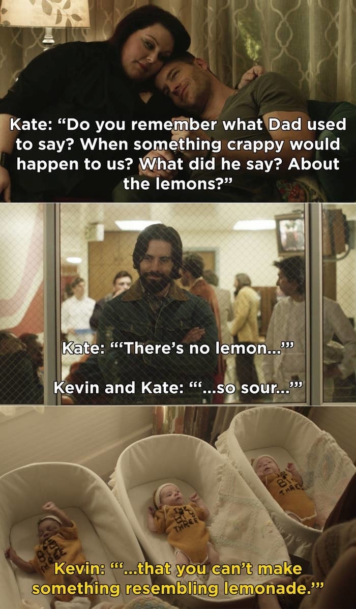 Three scenes depict Kate and Kevin discussing lemons in life, concluding with Kevin pondering lemonade about twins in lemon-themed outfits