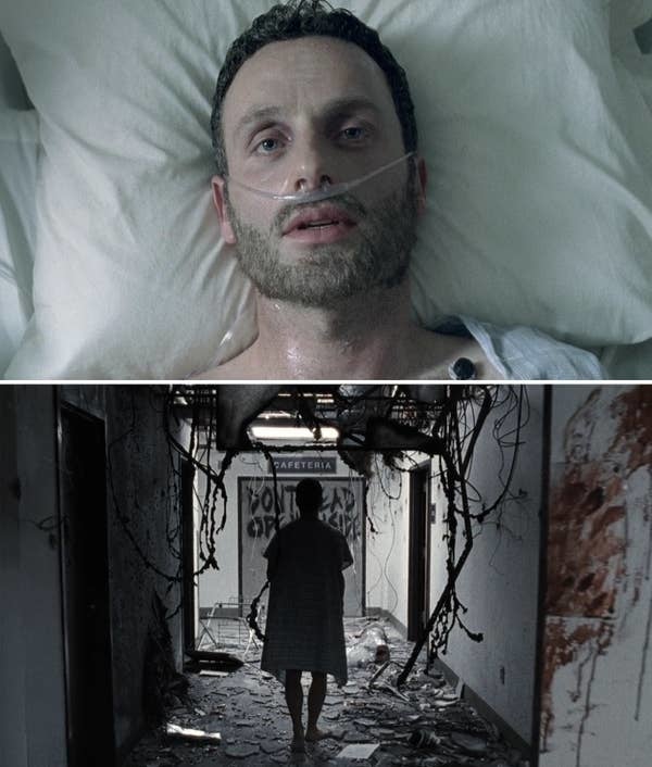 Man in a hospital bed with oxygen tube; below, he walks through a dilapidated hallway in a hospital gown, setting a post-apocalyptic scene