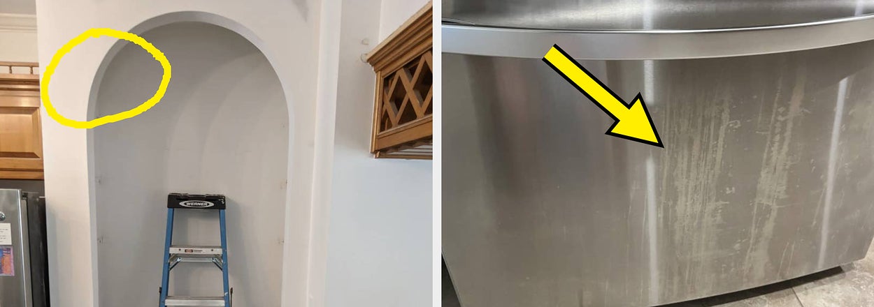Left: Brick fireplace with a painting. Right: Cup in a dishwasher drawer. Quotes about expense and inconvenience