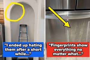 Left: Brick fireplace with a painting. Right: Cup in a dishwasher drawer. Quotes about expense and inconvenience