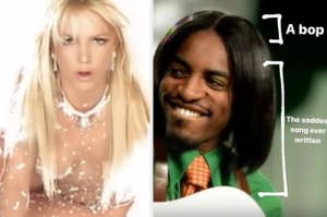 Split image of two music video scenes: left shows a pop singer with wet hair; right shows a smiling man in green with text "A bop" and "The saddest song ever written."