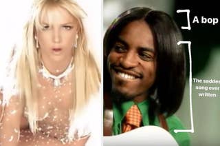 Split image of two music video scenes: left shows a pop singer with wet hair; right shows a smiling man in green with text 