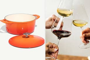 on the left an orange Dutch oven, on the right wine glasses