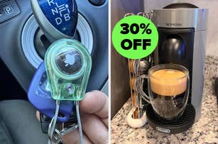 Left: reviewer's car keys with a Apple AirTag tracker attached. Right: reviewer's coffee machine with a brewed cup and a "30% OFF" sticker nearby