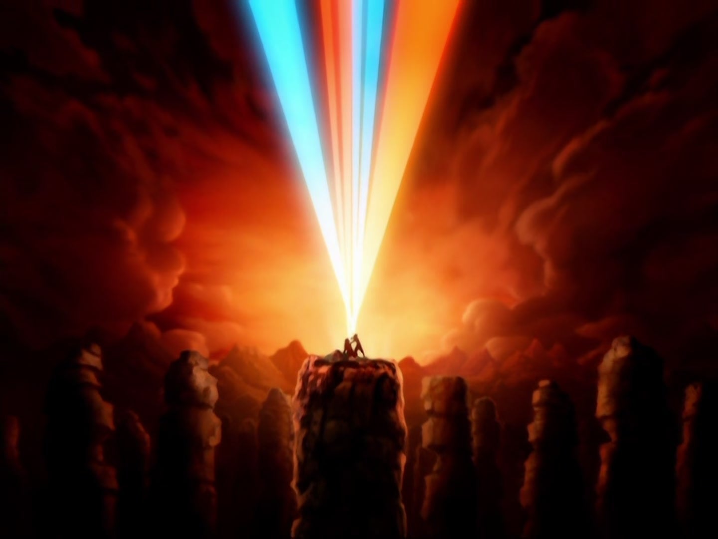 Person on a mountain peak with beams of light shooting upwards, surrounded by dramatic sky