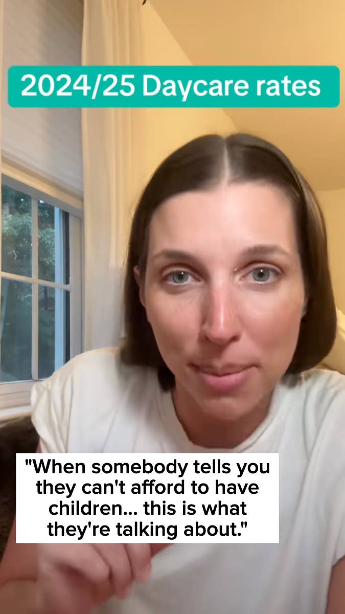 Paige in a room with text overlaying: &quot;2024/25 Daycare rates: &#x27;When somebody tells you they can&#x27;t afford to have children... this is what they&#x27;re talking about&#x27;&quot;