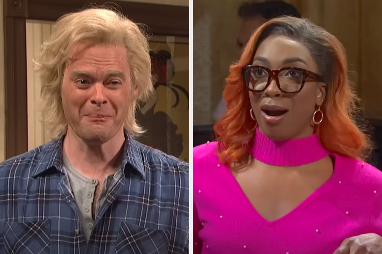On the left, Bill Hader trying not to laugh as Devin in a Californians sketch on SNL, and on the right, Ego Nwodim opening her mouth in surprise as Lisa from Temecula on SNL