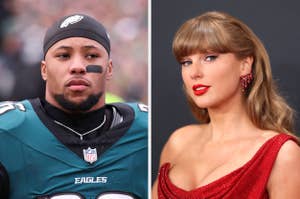 Left: Football player in jersey and headband. Right: Person in glamorous red dress with statement earrings and styled hair at an event