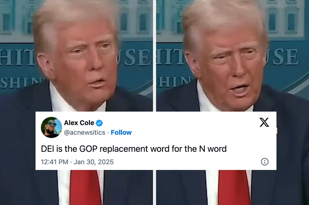 A person in a suit sits in an office with a tweet overlay about the term "DEI" and GOP language