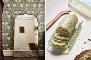 Left: Vintage mirror against floral wallpaper. Right: Sliced herb butter on a glass dish with a wooden knife