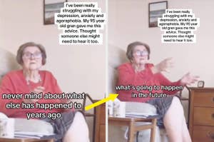 Elderly woman sitting and gesturing, with text about advice on depression and anxiety, emphasizing not worrying about the past or future