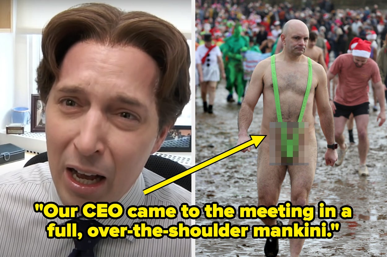 Split image: Left shows a concerned man in an office, right shows a man in a revealing green suit at an outdoor event. Speech bubble mentions a "mankini."