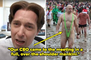 Split image: Left shows a concerned man in an office, right shows a man in a revealing green suit at an outdoor event. Speech bubble mentions a "mankini."