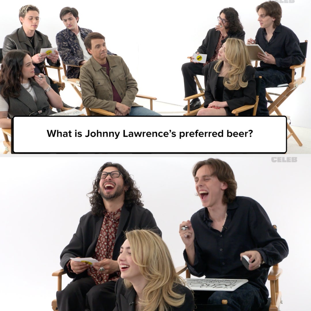 Cast members from a show are sitting in chairs, laughing and answering a question about Johnny Lawrence's preferred beer