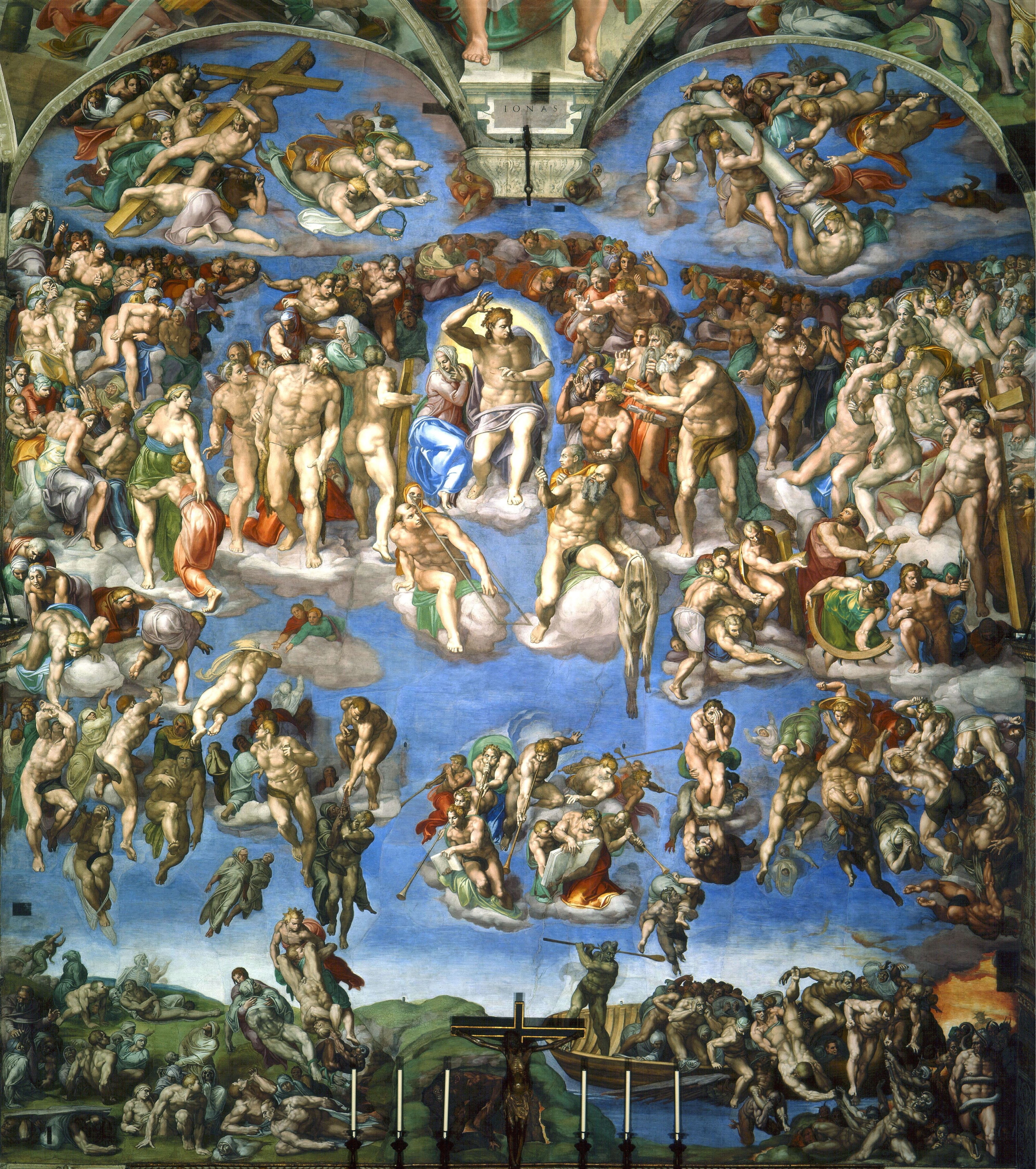 Michelangelo's &quot;The Last Judgment&quot; fresco on the Sistine Chapel ceiling, depicting biblical scenes of the second coming and final judgment