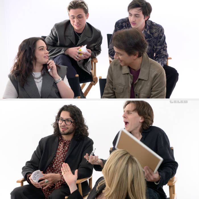 Group of young actors sitting in director's chairs, engaged in conversation and laughter during an interview setting