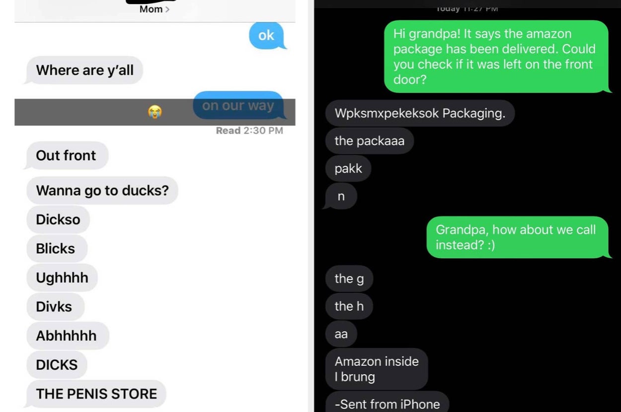 Text exchange showing a humorous autocorrect mishap while discussing package delivery and plans to meet