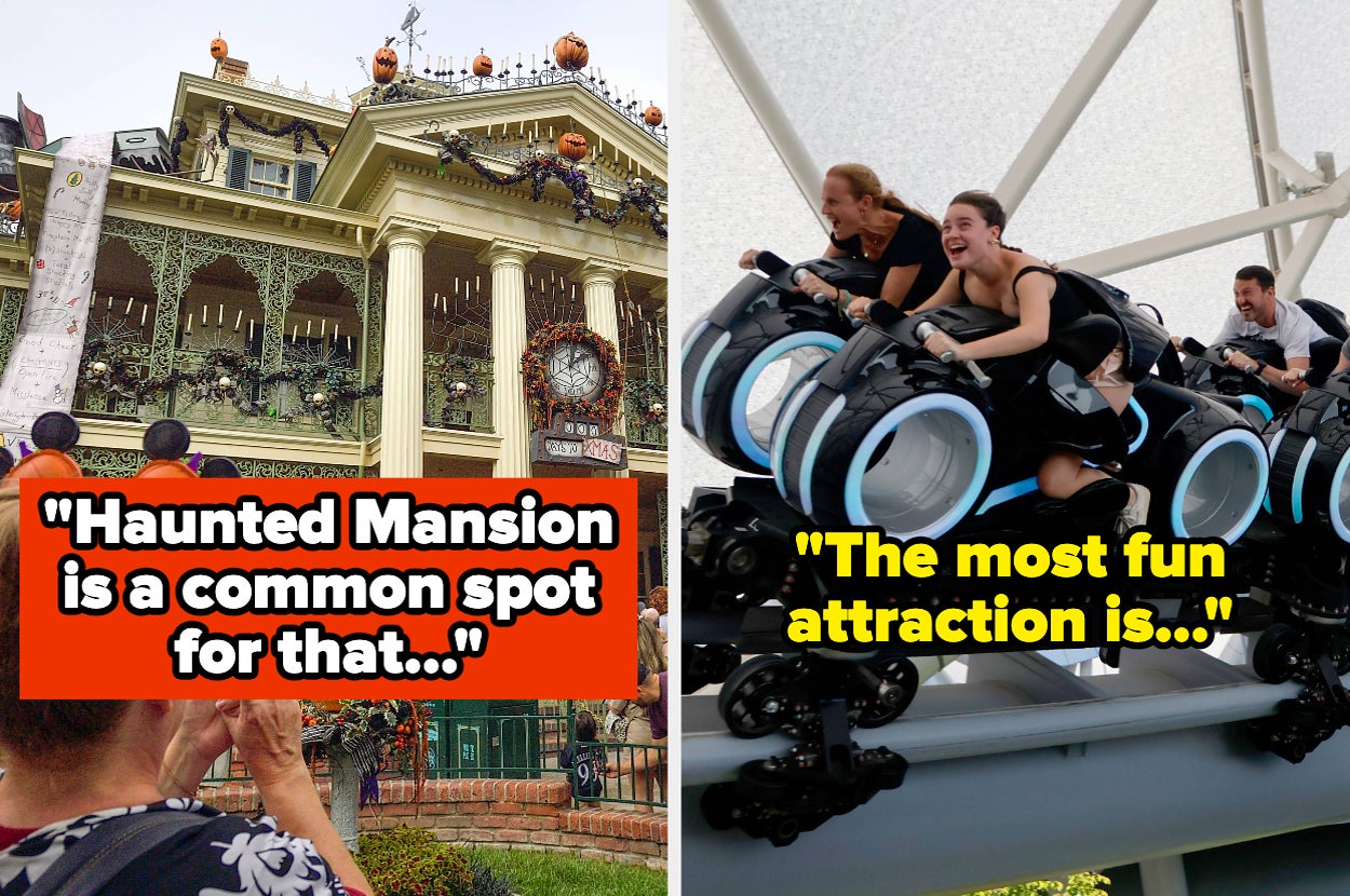 Split image: Left shows a decorated haunted mansion, right shows people enjoying a futuristic roller coaster