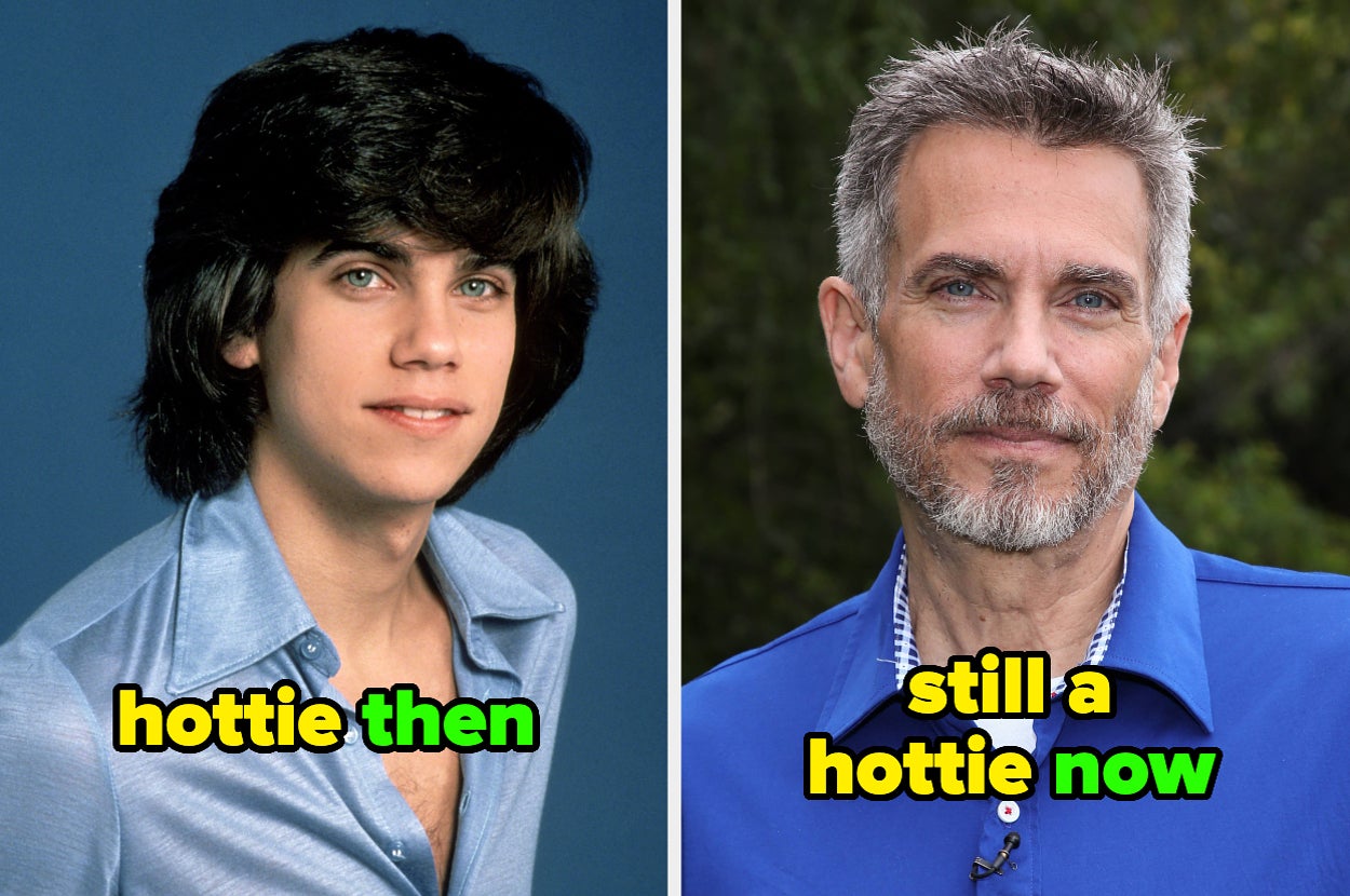 Split image of a man, young on the left and older on the right. Both captions praise his enduring attractiveness