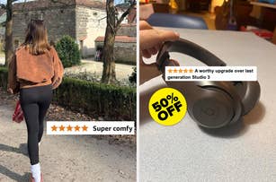 Woman in activewear with a brown jacket walking; headphones with 50% off sticker and positive reviews