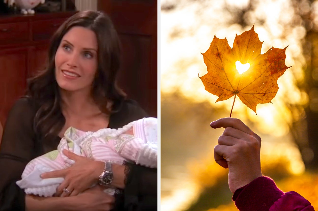 On the left, Monica from Friends holding a swaddled baby, and on the right, a hand holding an autumn leaf with a heart-shaped hole in it