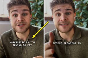 Split image showing a man with expressions: left labeled "Narcissism is I'm trying to fit", right "People pleasing is". Explaining behaviors