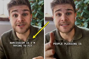 Split image showing a man with expressions: left labeled "Narcissism is I'm trying to fit", right "People pleasing is". Explaining behaviors