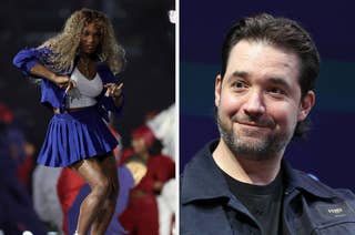 Two images: a performer in a dynamic pose with a pleated skirt and a person smiling with a beard and dark jacket