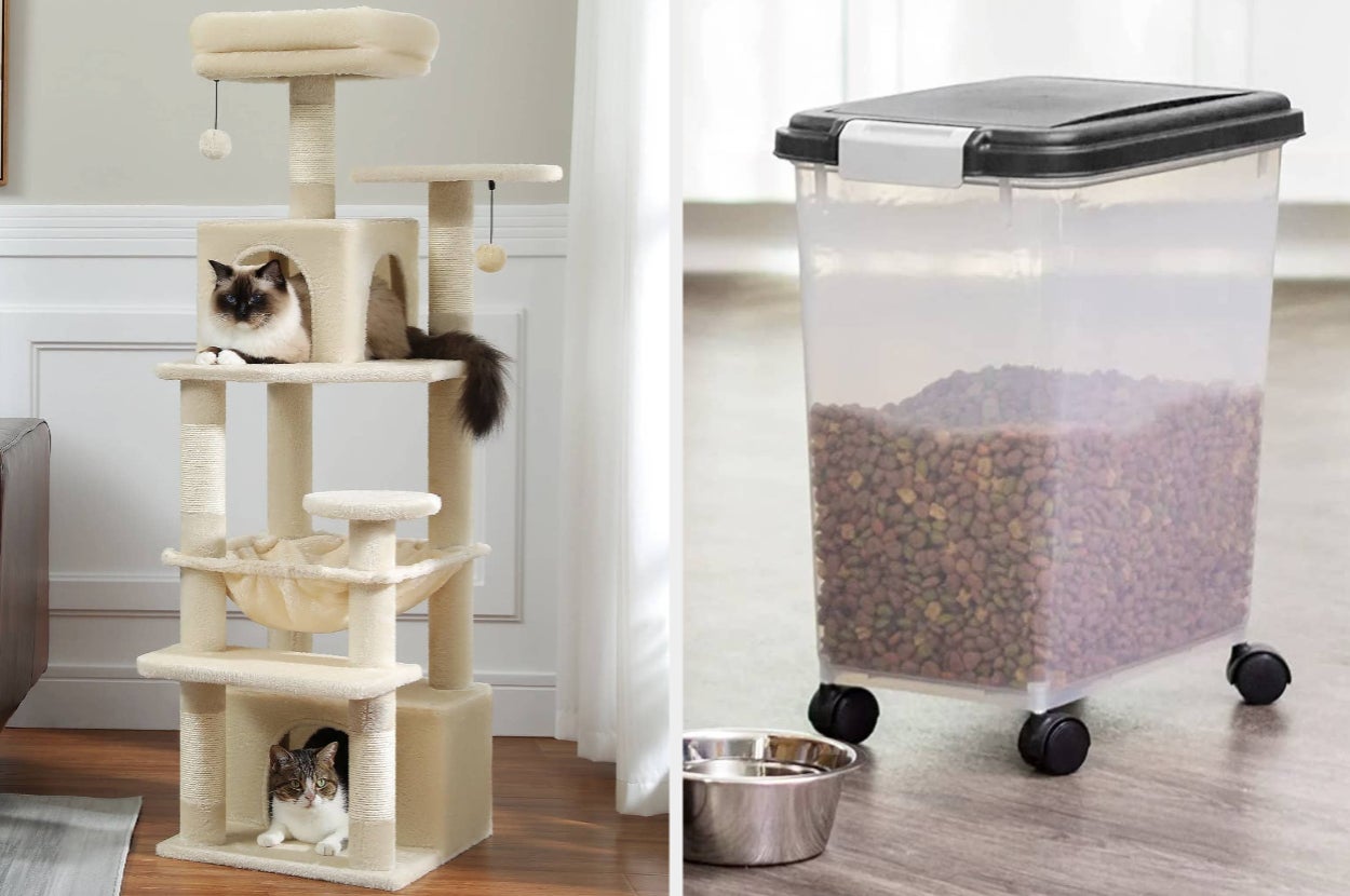 Two-tiered cat tower with cats and pet food container on wheels beside a metal bowl