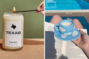 On left, a hand lighting a Texas-scented candle. On right, a person holding a blue cloud-patterned cup and saucer while reading on a lounge chair