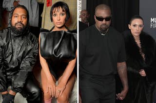 Two photos: left shows a person in a shiny jacket and another in a bold structured dress; right shows the same person in a black outfit with a fur coat