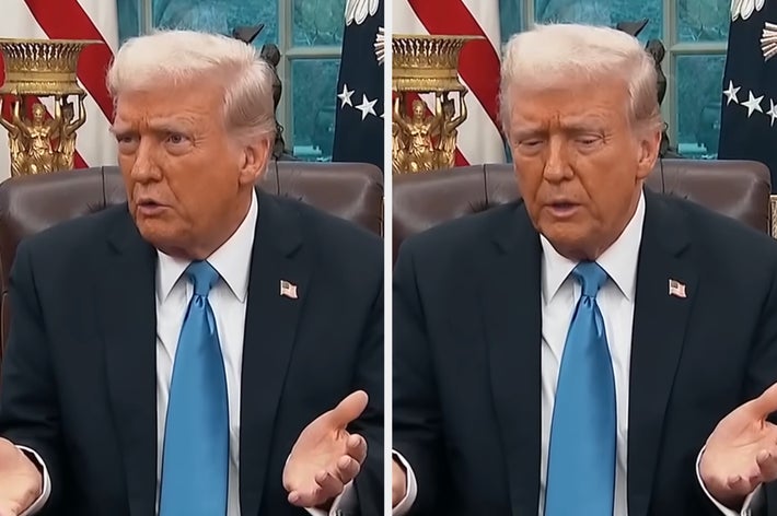 A man in a suit and blue tie gestures with open hands in a formal setting. Two similar images side by side
